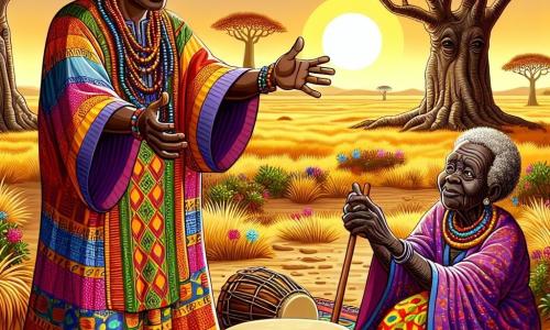Un hombre, el jefe Mosi, se encuentra en el centro de la escena, con una amplia sonrisa cálida y ojos brillantes de determinación. Lleva una túnica colorida de tela tradicional, adornada con motivos africanos, y un collar de cuentas que brilla al sol. Mosi está extendiendo la mano hacia un tambor de madera, tratando de recuperarlo. Junto a él, una anciana griot, de unos 70 años, con el cabello gris trenzado y un rostro arrugado lleno de sabiduría, observa atentamente. Ella viste una larga túnica de tela vibrante y sostiene un bastón de madera, símbolo de su papel como narradora. El escenario se sitúa en una vasta sabana dorada, donde la luz del sol poniente ilumina el paisaje. Majestuosos baobabs se alzan al fondo, con sus ramas extendidas como brazos acogedores. El suelo está cubierto de flores silvestres coloridas, y una ligera brisa hace danzar la hierba. La situación principal muestra a Mosi, decidido a encontrar el tambor perdido, mientras la griot le susurra consejos, creando una atmósfera de misterio y aventura.