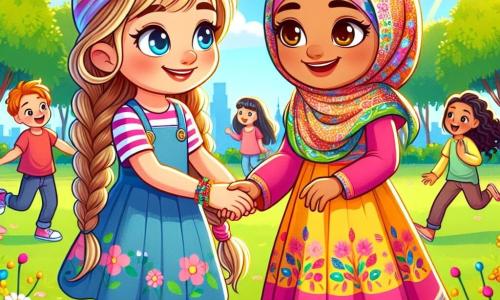 In einem sonnigen Park lächelt ein 10-jähriges Mädchen namens Lisa mit langen, geflochtenen blonden Haaren fröhlich, während sie die Hand ihrer neuen Freundin hält. Sie trägt ein buntes Kleid und Turnschuhe, und ihr Gesicht strahlt Enthusiasmus und Freundlichkeit aus. Neben ihr lacht Amina, ein 10-jähriges Mädchen arabischer Herkunft mit braunen Haaren und funkelnden Augen, die einen hübschen bunten Hijab und traditionelle Kleidung trägt. Sie spielt mit Lisa und zeigt ihre Freude und ihr Selbstvertrauen. Der Park ist voller leuchtender Blumen, grüner Bäume und eines klaren blauen Himmels, was eine warme und einladende Atmosphäre schafft. Kinder verschiedener Herkunft spielen um sie herum und tragen zur festlichen Stimmung bei. Die Hauptsituation zeigt Lisa und Amina, die einen Moment der Verbundenheit teilen, zusammen lachen und Spaß haben, was die Bedeutung von Freundschaft und Toleranz zwischen den Kulturen verdeutlicht.