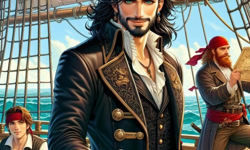 Il personaggio principale, Marco, è un uomo alto e muscoloso, con lunghi capelli neri che fluttuano nel vento e occhi azzurri brillanti di eccitazione. Indossa un'elegante giacca di pelle nera con bottoni dorati e un tricorno in testa. Marco tiene saldamente il timone della sua nave, la "Stella du Mare", con un ampio sorriso sul volto, pronto ad affrontare l'avventura. Accanto a lui c'è Gino, un uomo robusto di circa 30 anni, con una barba rossa e un bandana rosso in testa, che sistema le vele della nave, concentrato e determinato. Un po' più in là, Lucia, una giovane donna di circa 25 anni, con capelli castani intrecciati e uno sguardo intrepido, esamina una vecchia mappa del tesoro, seduta sul ponte, circondata da mappe e bussole. La scena si svolge sul ponte in legno della "Stella du Mare", che oscilla leggermente sotto l'effetto delle onde. Il cielo è blu con alcune nuvole bianche, e all'orizzonte si intravede un'isola misteriosa, verde e soleggiata, che si profila in lontananza. La situazione principale mostra Marco e il suo equipaggio che si preparano a navigare verso l'isola di Maraviglia, con espressioni di determinazione ed eccitazione sui loro volti, pronti a scoprire il leggendario tesoro di Capitan Furia.