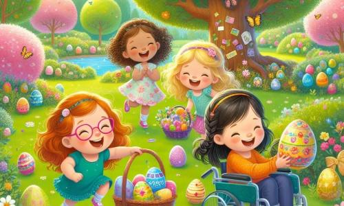 Quattro bambine felici, di età compresa tra 7 e 8 anni, sono riunite in un parco soleggiato. Mia, con i capelli castani e occhiali rosa, salta di gioia tenendo un grande cesto pieno di uova colorate. Lila, con i capelli biondi e ricci, è accucciata mentre esamina un uovo decorato trovato nell'erba. Sara, con i capelli neri e una treccia, sorride tenendo una mappa del tesoro, mentre Nina, con i capelli castani e un bel vestito blu, è sulla sua sedia a rotelle, indicando un grande albero in fiore. Il parco è pieno di fiori colorati, alberi verdi e un cielo blu splendente. Farfalle volano intorno a loro, aggiungendo un tocco di magia alla scena. Le ragazze sono impegnate nella caccia alle uova di Pasqua, cercando uova nascoste sotto i cespugli e dietro gli alberi, con risate e grida di gioia. Al centro, un grande uovo dorato brilla al sole, promettendo una meravigliosa sorpresa a chi lo troverà.