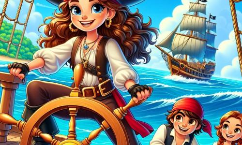 In het midden van de afbeelding staat de dappere Kapitein Ella, een vrouw met lang, krullend haar, die een grote piratenhoed met kleurrijke veren draagt. Haar gezicht toont vastberadenheid en opwinding terwijl ze stevig haar houten band vasthoudt, klaar om te navigeren. Ze is gekleed in een wit shirt, een leren vest en piratenbroeken, met zwarte laarzen. Naast haar staat haar trouwe tweede, een jonge man genaamd Tom, ongeveer 18 jaar oud, met kort haar en een rode bandana. Hij kijkt met verwondering naar de schatkaart, terwijl hij op het dek van het schip staat. Een ander bemanningslid, een klein meisje genaamd Lily, 10 jaar oud, met vlechten en een ondeugende glimlach, hurkt bij een kist en probeert deze te openen met een gouden sleutel. De scène speelt zich af op het dek van het grote schip 