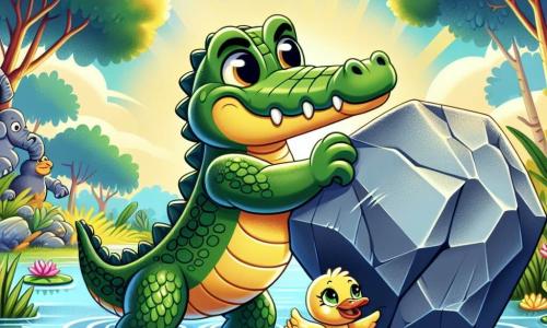 Een krokodil genaamd Kiko, met glanzende groene huid en grote vriendelijke ogen, staat aan de rand van een rivier met een uitdrukking van vastberadenheid en moed. Hij duwt met al zijn kracht tegen een enorme grijze steen, zijn spieren gespannen en zijn glimlach geconcentreerd. Naast hem moedigt Didi, een kleine gele veer met opvallende veren, Kiko enthousiast aan terwijl ze net boven het water zweeft. Op de achtergrond speelt de scène zich af in een prachtig moeraslandschap, met kleurrijke waterlelies die op het water drijven, bomen met weelderige bladeren en zonnestralen die door de takken filteren. De hoofdscène toont Kiko en Didi verenigd in een heroïsche poging om de steen te verplaatsen die het zonlicht op de waterlelies blokkeert, wat hun vriendschap en vastberadenheid symboliseert om hun habitat te redden.