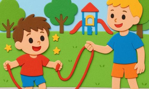 Bambino di 4 anni dal viso rotondo e capelli castani spettinati, occhi grandi e brillanti, espressione gioiosa e concentrata, salta la corda con piccoli balzi mentre la corda rossa oscilla; bambino più grande di circa 8 anni, capelli corti biondi e sorriso incoraggiante, tiene un'estremità della corda mostrando il ritmo, mamma di circa 32 anni con capelli castano chiaro raccolti, in abito leggero a fiori, applaude sorridendo da una panchina poco distante; parco luminoso con prato verde, alberi tondi, marciapiede chiaro, area giochi sullo sfondo e cielo azzurro con qualche nuvola; la scena mostra il piccolo che esita e poi riesce a saltare con un balzo, movimenti espressivi e stelline che suggeriscono gioia e orgoglio.