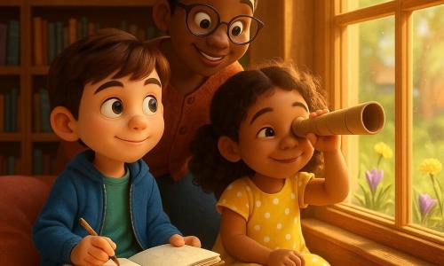An 8-year-old boy with short chestnut hair and bright hazel eyes, wearing a blue jacket and red sneakers, holds an open sketchbook and draws while looking through a large window; to his left a shy smiling 6-year-old girl with curly brown hair in a yellow polka-dot dress peers through a cardboard tube like a telescope; a kindly 30-year-old female teacher with hair in a bun and round glasses leans behind them observing. Scene: a school library reading corner with colorful cushions, a large wooden-framed triple-glazed window showing an outdoor garden with purple crocuses and yellow dandelions, warm sunlight and dust motes; the children joyfully count flowers and bees—pastel colors and crisp details (dewdrops, petals, twigs).