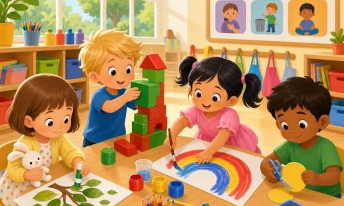 Een lichte klas met grote ramen, houten vloer en lage planken vol kleurige bakjes; Mila (4) glimlachend en wat verlegen, kort bruin haar, lichtgele jas en stippenjurkje, zit aan de hoek van een grote activiteitentafel en plakt echte blaadjes op papier terwijl ze een wit knuffelkonijn vasthoudt; Finn (5), energiek en geconcentreerd met warrig blond haar en blauw T‑shirt, bouwt naast haar een wiebelende toren van rode en groene blokken en stabiliseert die met een grote steen; Laila (4), trots en blij met zwarte twee staartjes en roze jurk, schildert tegenover Mila een brede regenboog in felle kleuren; Amir (5), kalm en precies met een groen T‑shirt, knipt aan de andere kant van de tafel een nette cirkel bij de pennendoos; een blauw verfvlekje op de tafel en de kinderen ruimen rustig samen op; aan de muur pictogrammen voor gewoonten zoals handen wassen en beurt afwachten.