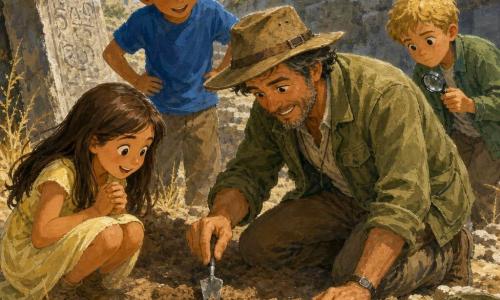 Um arqueólogo sorridente e concentrado, cabelos castanhos salpicados de grisalho, jaqueta cáqui e chapéu de explorador, ajoelhado e segurando delicadamente uma pequena espátula enquanto revela um fragmento de cerâmica vermelho‑acastanhado; ao seu lado, Sofia, cerca de 9 anos, cabelos longos castanhos e vestido amarelo claro, agachada e maravilhada; João, cerca de 8 anos, cabelos cacheados negros e camiseta azul, em pé atrás com as mãos na cintura e olhar entusiasmado; Lucas, cerca de 10 anos, cabelos curtos loiros e jaqueta verde, um pouco recuado à direita com uma lupa na mão e expressão atenta; cenário: trilha empoeirada ao sol, restos de um muro antigo de pedras cinzentas com musgo e uma grande pedra inclinada com inscrições ao fundo, tufos de capim seco e ferramentas de escavação (pá, pincel, caderno) na areia; momento sereno de escavação ao amanhecer, luz suave, gestos delicados e poeira leve no ar, partilhando espanto entre o homem e as crianças.