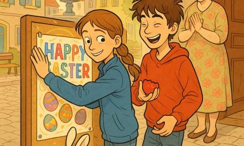 Mara, fată de 12 ani, față concentrată și zâmbitoare, păr șaten deschis împletit, geacă albastră și blugi, ține un mare afiș colorat și îl pune drept pe un panou de plută, expresie mândră și blândă; Andrei, băiat ~13 ani, păr zburlit, hanorac roșu, râde lângă ea ținând jumătate de ou roșu spart, privire complice; doamna Ileana, bibliotecară adultă, păr cenușiu prins în coc, ochelari rotunzi, rochie cu flori, stă ușor retrasă lângă ușa bibliotecii și aplaudă discret; Puf, un iepuraș alb antropomorf, poartă o vestă mică și ține un mic agendă, stă jos la baza panoului, chip ștrengar; loc: piața satului primăvara, piatră cubică, bănci de lemn, fântână cu coroniță de flori galbene, case cu obloane colorate și panglici pastel plutind; situație: moment cald și luminos în care afișul este fixat drept pe panou, săteni zâmbitori citesc, coș cu ouă decorate și o spirală aurie discretă în jurul afișului sugerând magia Paștelui; stil grafic: linii clare, culori vii și pastel, texturi hârtie și cerneală, compoziție lizibilă, expresii ușor exagerate dar blânde, atmosferă veselă și primitoare.
