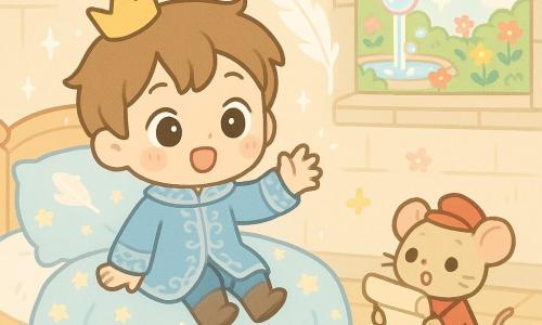 Smiling, surprised little prince with large bright eyes and rosy cheeks wears a tilted gold crown and sky-blue embroidered robe, sitting on a star-patterned soft bed, reaching toward a tickling floating white feather; a small beige messenger mouse in a red postman's outfit stands by the bed holding a large parchment, a translucent peach gelatinous map with bubbles rests on a low table, a brass bell-chime on the windowsill rings and sparkles, and the bright cozy castle room with pale stone walls, glittering butterfly garlands, a round window overlooking a colorful flower garden and bubbling fountain, light wood floor and plush rug, is filled with floating sparkles and a joyful magical pastel atmosphere.