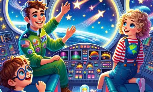 Ein lächelnder Mann, Max, ein Raumschiffpilot, steht im Mittelpunkt der Szene. Er hat braune Haare und strahlende Augen, trägt einen bunten Raumanzug mit leuchtenden Sternen. Er zeigt den Kindern das Cockpit des Raumschiffs und strahlt Begeisterung für das Abenteuer aus. Neben ihm schaut ein 8-jähriges Mädchen namens Lina mit blonden, lockigen Haaren durch ein großes Fenster und trägt ein T-Shirt mit Planetenmotiven, fasziniert von den funkelnden Sternen draußen. Ein anderer Junge, Tim, 7 Jahre alt, mit Brille und braunen Haaren, springt schwebend in der Schwerelosigkeit mit einem breiten Lächeln und zeigt seine Freude, im Weltraum zu sein. Die Szene spielt im Inneren des Raumschiffs 