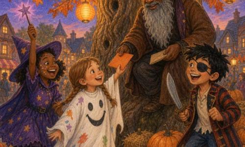 A joyful, mischievous 6-year-old girl with bright eyes and light brown hair in two braids wears a white sheet painted with a big smile as a ghost costume and holds a small orange card, standing on tiptoe; to her left Mia, about 7, with a painted face, purple pointed hat and starry dress, laughs while waving a plastic wand; to her right Max, about 8, with tousled black hair, a fabric eye patch, a striped jacket and plastic sword, looks at the card excitedly; nearby Mr. Jenkins, about 50, with a long fake gray beard and a brown mailman coat turned into a magician's robe, perches by the gnarled-trunk village oak and hands another envelope to the children; it is dusk, lanterns hanging from orange and red leaves light their faces, pumpkins and golden hay bales surround the tree, and the children discover a treasure map hidden between two pumpkins, creating a warm, anticipatory atmosphere.