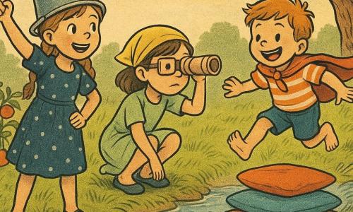 Three children: Lucy, 9, light brown hair in a braid, navy polka-dot dress, a pot helmet and wooden spoon held like a sword, left, enthusiastic captain pose; Mia, 7, brown bob, yellow headscarf, cardboard glasses as a spyglass, light green dress, center, crouched, scanning the shore and pebble path; Sam, 4, red hair, red towel cape, orange-and-white striped tee, right, jumping on a cushion on the water, laughing with arms out for balance. Setting: a family garden in late afternoon, mown green grass, tomato bed on the left, a small sparkling stream in the center, twisted oak branches and exposed roots on the right with a small wooden box at its base, a stack of colorful cushions thrown across the stream as a bridge. Main scene: the children cross the cushion 