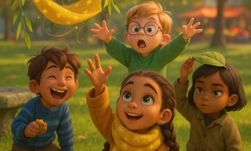 Four 8-year-old children: Mila, a girl with light chestnut hair in a thick braid and sparkling green eyes, wearing a mustard coat and a large yellow starry scarf, sits on the grass reaching for the scarf blowing toward her; Jay, a boy with tousled brown hair and a chocolate smudge on his cheek in a blue striped sweater, is left, bent forward laughing and holding half a cookie; Nora, a girl with black bobbed hair and a serious yet smiling face in a khaki jacket, stands right, adjusting a leaf on her head like a little hat; Milo, a boy with light blond hair, round glasses and a green sweatshirt, stands behind Mila striking a dramatic pose with arms raised as if imitating the wind. Setting: daytime neighborhood park with mown green lawn, drooping willow branches, a cracked mossy stone bench, a shimmering pond with blue reflections and water lilies, and a blurred colorful market with red umbrellas in the background. Main action: the large yellow scarf floats around a willow branch and twinkles as if embroidered with tiny glowing stars; the children form a semicircle with joyful, amazed expressions. The air is shown as fine transparent swirls and dancing light glitter around the scarf, creating a whimsical, humorous feeling; warm saturated colors, soft late-afternoon lighting, warm 3D rendering, woolly scarf texture and slightly glossy leaves.