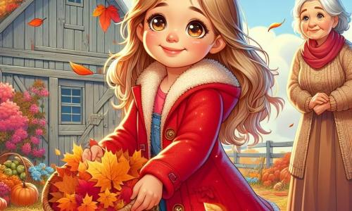 O fetiță de 8 ani, Maria, cu părul lung blond și ochi strălucitori de curiozitate, zâmbește fericită în timp ce adună frunze de toamnă colorate, obrașele ei fiind ușor rumene de frig. Poartă un palton roșu aprins care contrastează cu nuanțele aurii și portocalii ale frunzelor din jur. Lângă ea, bunica, o femeie de aproximativ 65 de ani, cu părul argintiu și fața blândă, o observă cu un zâmbet binevoitor. Este îmbrăcată cu un pulover din lână bej și o fustă lungă, ținând un coș din nuiele plin cu mere. Decorul se află într-o superbă magazie din lemn, înconjurată de o grădină vastă plină cu flori de toamnă, dovleci și meri plini de fructe. Cerul este de un albastru deschis, presărat cu nori albi, iar soarele strălucește blând, iluminând scena cu o lumină caldă. Maria și bunica ei pregătesc magazia pentru iarnă, adunând frunzele și recolta mere, creând o atmosferă de bucurie și complicitate, plină de culori și viață.