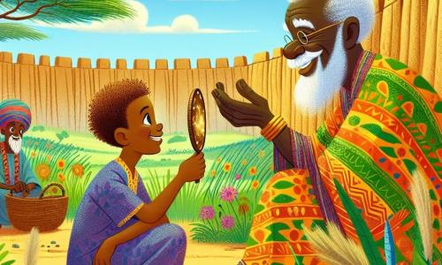 Um homem chamado Amadou, com olhos brilhantes e um sorriso caloroso, está sentado aos pés de um majestoso montículo de terra. Ele tem pele de um tom dourado, cabelo crespo e veste uma túnica colorida com padrões africanos vibrantes. Amadou está concentrado e entusiasmado, segurando um pequeno espelho de bronze que capta a luz do sol. Ao seu lado, um velho, Kebe, de cerca de 70 anos, com barba grisalha e rugas profundas, observa com sabedoria. Ele usa uma roupa tradicional e se mantém levemente curvado, com as mãos apoiadas em um cajado de madeira, pronto para compartilhar seus conselhos. Ao fundo, crianças, um menino e uma menina de cerca de 8 anos, estão sentadas no chão, com os olhos brilhando de excitação, admirando Amadou. O menino tem cabelo curto e veste uma camiseta simples, enquanto a menina, com tranças adornadas com contas coloridas, usa uma saia leve. O cenário é uma paisagem africana, com um céu azul brilhante e nuvens brancas. O montículo de terra é cercado por vegetação exuberante, com gramíneas altas e flores vibrantes balançando ao vento. A cena principal mostra Amadou criando um fogo, concentrado na luz do sol que brilha sobre o espelho, enquanto a fumaça começa a subir e as crianças aplaudem suavemente, ansiosas para ver a mágica acontecer.