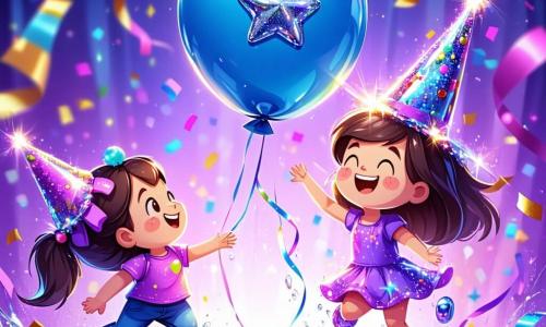 Benny, a bright blue balloon with a silver star on his belly, joyfully floats above a sparkling disco ball, his eyes shining with determination and happiness. He dances around the ball, surrounded by colorful party streamers. Gloria, a sparkling purple hat, is just below Benny, her sequins reflecting the light as she enthusiastically encourages her friend to keep dancing. Sally, a rainbow-colored can of Silly String, is next to her, ready to spray colorful strings, her eyes twinkling with mischief. The scene takes place in a lively party store filled with balloons, garlands, and twinkling lights, creating a festive and joyful atmosphere. Confetti floats in the air, adding a touch of magic to the ambiance. The main focus shows Benny performing a bold dance around the disco ball, while laughter and bright colors fill the space, celebrating the New Year with an explosion of joy and camaraderie.