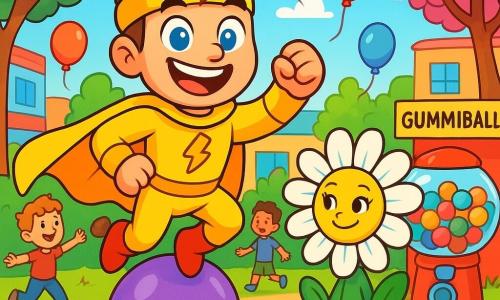 Im Zentrum des Bildes steht Blitzbommel, ein Superheld, mit einem strahlenden Lächeln im Gesicht. Er trägt einen dicken, leuchtend gelben Mantel, der in der Sonne glänzt, und ein Stirnband mit zwei kleinen, funkelnden Blitzen auf dem Kopf. Seine Augen sind ein strahlendes Blau, voller Freude und Entschlossenheit. Er springt fröhlich auf einem großen, lilanen Gummiball, bereit, den Kindern zu helfen. In der Nähe steht ein kleines Mädchen, Flora, etwa 8 Jahre alt, das wie ein Gänseblümchen aussieht. Sie hat weiße Blütenblätter und ein gelbes Herz und lächelt schelmisch, während sie Blitzbommel ansieht. Sie ist von schönen grünen Pflanzen umgeben, die der Szene einen Hauch von Magie verleihen. Der Hintergrund zeigt einen bunten Schulhof mit hellen Wänden, blühenden Bäumen und Kindern, die lachen und spielen. Man sieht Luftballons in allen Farben und eine Gummiballmaschine, die in der Sonne glänzt. Blitzbommel springt enthusiastisch, um den Kindern zu helfen, das Chaos der überall herum springenden Gummibälle zu meistern, während Flora mit ihrem schelmischen Lächeln die Kinder ermutigt, Spaß zu haben und dabei sicher zu bleiben.