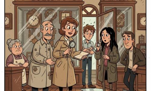 Clara, detective de rostro decidido y sereno, ojos vivos y cabello castaño corto, lleva un trench beige algo arrugado, sostiene una lupa y un cuaderno abierto y señala suavemente una vitrina de cristal abierta; don Ernesto, restaurador de unos 60 años con bigote gris y bata manchada de aceite, sujeta la base de la vitrina junto a ella con expresión aliviada pero inquieta; Martín, joven de unos 18 años con pelo castaño despeinado y camisa remangada, está detrás de la vitrina con las manos cruzadas y mirada huidiza; Aurora, mujer de unos 40 años con abrigo mojado y cabello negro chorreando, espera en el umbral emocionada sosteniendo un cronómetro; Adrián, hombre de unos 30 años con chaqueta oscura, apoya la espalda en una estantería con mirada culpable y una pequeña caja metálica vacía a sus pies; Pilar, mujer de unos 55 años con delantal polvoriento, observa desde un mostrador con expresión tímida pero atenta; el lugar es una galería de antigüedades con suelo de madera brillante, grandes vitrinas con marcos tallados, relojes de engranajes en las paredes y lámparas amarillas colgantes; hay una charca de agua junto a la puerta de cristal; Clara explica con calma la verdad a los reunidos frente a la vitrina abierta mientras una luz cálida ilumina los rostros, se ven pequeñas líneas de “estática” cerca de una cámara en el techo y en el suelo etiquetas rojas y un trozo de tela roja, atmósfera tensa pero suave, colores cálidos y contrastes nítidos.
