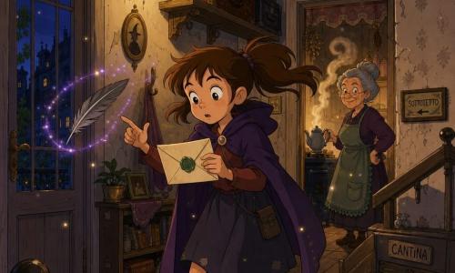Lia, apprendista strega di 10 anni, guarda la lettera con stupore ed eccitazione: occhi grandi e luminosi, capelli castani in codino mossi come dal vento, tiene una busta crema sigillata con cera verde e una piuma grigia che fluttua accanto a lei; la nonna, circa 70 anni, è in cucina vicino a una teiera fumante, sorriso malizioso e rughe dolci; la scena è in un corridoio di un vecchio palazzo con intonaco crema screpolato, carta da parati floreale sbiadita, valigie impolverate ed una porta di soffitta in legno chiaro; è quasi notte: luce dorata incontra un'ombra bluastra e piccole particelle luminose fluttuano come lucciole; Lia sta scegliendo una porta alle nove, postura esitante ma decisa, mano verso la piuma che indica la direzione, tensione morbida e magia tangibile; dettagli grafici visibili: texture della cera, venature del legno, motivi della carta da parati e vapore del tè illuminato a alone; stile colorato, tratti morbidi ed espressivi, palette calda con tocchi di viola magico e verde foglia.