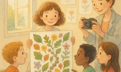 Una bambina di 8 anni, Sofia, radiosa e orgogliosa con capelli castani ricci fino alle spalle e vestito leggero a fiori pastello, mostra il suo grande collage primaverile di foglie, petali e denti di leone; a destra la maestra sorridente (30–40 anni) con i capelli raccolti e una macchina fotografica inquadra la scena; tre compagni (due maschi e una femmina di 8 anni) sono raccolti davanti al collage, occhi sgranati e mani puntate, vestiti colorati; l'aula luminosa con pareti crema, tavolo in legno e una grande finestra aperta che fa entrare un raggio di sole ospita il collage appeso al centro del muro, circondato da disegni di uccelli e fiori; situazione: Sofia presenta il suo collage primaverile e i bambini ammirano le texture reali di foglie e petali, i colori pastello e i piccoli sassolini che formano un sentiero; atmosfera dolce, giovanile e calda, in stile acquerello con velature delicate e contorni sottili.