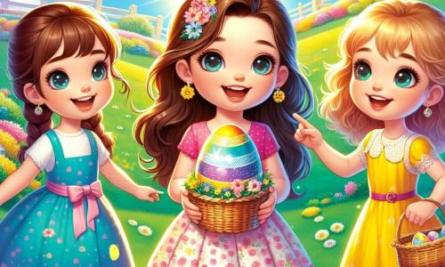 Tre ragazze felici, di circa 8 anni, si trovano al centro della scena. Sofia, con lunghi capelli castani e un vestito rosa a fiori, sorride ampiamente tenendo un piccolo cesto di vimini. Alla sua destra, Marta, con capelli biondi e ricci, indossa un vestito giallo brillante e guarda intorno a sé con occhi scintillanti di curiosità. A sinistra, Giulia, con capelli castani e una treccia, indossa un vestito blu e punta un grande uovo colorato e scintillante al centro della scena. Lo sfondo è una collina soleggiata, coperta di fiori multicolori e dolci petali che cadono intorno a loro. In lontananza, un cielo azzurro chiaro è punteggiato di nuvole bianche e soffici, e alberi con foglie verdi danzano dolcemente nel vento. Le ragazze stanno cercando un uovo di Pasqua speciale, che brilla tra i fiori, mentre il Coniglio di Pasqua, un adorabile coniglio con grandi orecchie e un papillon colorato, le osserva con un sorriso benevolo. L'atmosfera è piena di magia ed eccitazione, catturando lo spirito gioioso della caccia alle uova di Pasqua.