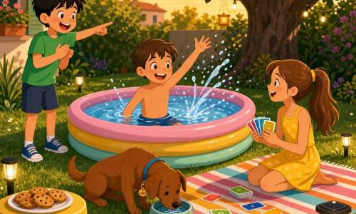 Ci sono tre bambini: Tommaso, 8 anni, capelli castani corti, carnagione chiara, in costume corto blu al centro di una piccola piscina gonfiabile tonda, mezzo immerso, sorride e alza una mano schizzando; Alice, 8 anni, capelli castani lunghi raccolti in coda, vestito giallo, seduta a destra su un grande asciugamano a righe con un mazzo di carte colorate, sorride guardando Tommaso; Matteo, 9 anni, capelli neri spettinati, maglietta verde, in piedi a sinistra sul bordo del prato, applaude e indica la piscina ridendo. Ambientazione: piccolo giardino soleggiato a fine pomeriggio con prato verde, una piscina gonfiabile pastello sull'erba, un grande fico all'ombra sullo sfondo, asciugamani colorati, un cane marrone (Lillo) che beve vicino all'acqua, qualche biscotto su un tavolino di plastica e luci solari accese soffuse. Situazione: scena gioiosa e calda con Tommaso che entra coraggiosamente in piscina mentre gli amici lo incoraggiano, schizzi visibili, carte sparse sull'asciugamano, espressioni di sostegno e divertimento, colori vivaci, forme semplici, contorni netti e ombre morbide, composizione centrata sulla piscina.