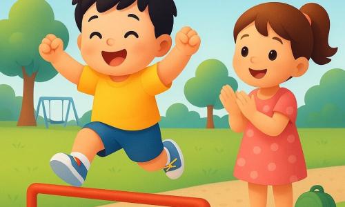 Niño de 2 años de cara redonda y mejillas regordetas, pelo negro despeinado, expresión alegre y concentrada, saltando por encima de una barra baja de gimnasio metálica pintada de rojo sobre una colchoneta naranja, brazos en alto y piernas dobladas, vestido con camiseta amarilla, pantalones cortos azules y zapatillas blancas con cordones de colores; niña de 4 años con coletas castañas, sonrisa alentadora y manos aplaudiendo, de pie justo detrás de la barra a la derecha del niño, mirada orgullosa, vestida con vestido rosa de lunares y sandalias y una pequeña mochila verde sobre una estructura de juego cercana; parque soleado con césped verde, camino de grava, árboles redondeados, un columpio al fondo y cielo azul claro con algunas nubes, escena dinámica de colores cálidos, siluetas simples y formas suaves aptas para niños pequeños.