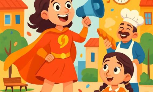 Capitana Chispa, una mujer dinámica con una capa naranja brillante y botas relucientes, se encuentra en el centro de la plaza, con los ojos brillantes de emoción y una gran sonrisa en el rostro. Está rodeada de una lluvia de confeti colorido que vuela a su alrededor, mientras sostiene un pequeño megáfono de juguete, lista para anunciar la gran fiesta. A su lado, una niña de trenzas, de unos 8 años, la mira con asombro, vestida con un vestido de lunares y sosteniendo confeti en sus manos, con los ojos abiertos de alegría. Un hombre de mediana edad, el panadero, con un delantal blanco y un bigote bien cuidado, se encuentra al fondo, riendo y sosteniendo una baguette, mientras una nube de canela flota a su alrededor. La escena tiene lugar en la plaza del pueblo de Sombrillo, rodeada de edificios coloridos y una gran reloj. Árboles verdes y bancos de madera añaden calidez a la atmósfera festiva. La situación principal muestra a Capitana Chispa preparándose para su anuncio de la Gran Fiesta de la Biblioteca, rodeada de risas y confeti, creando una atmósfera alegre y mágica.