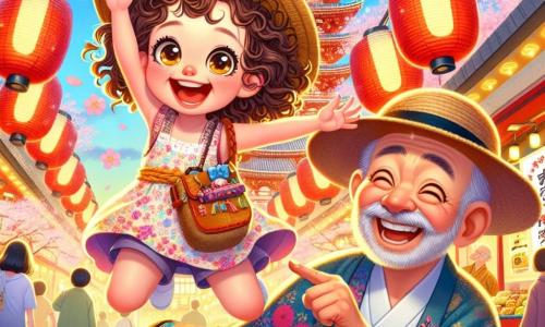 A 4-year-old girl with big bright eyes and curly hair is wearing a colorful dress and a straw hat. She is jumping for joy, holding a small wooden chest filled with memories, with a big smile on her face, expressing excitement and happiness. Next to her is Mr. Saito, a man in his fifties, wearing a traditional kimono with colorful patterns. He is smiling warmly and pointing towards a majestic temple in the background. The temple is adorned with red lanterns and golden details, surrounded by blooming cherry trees, creating a magical atmosphere. The scene takes place in a bustling Tokyo market, with food stalls, twinkling lights, and people joyfully moving around them. The main focus shows the girl and Mr. Saito discovering the chest of memories, illustrating the joy of adventure and the magic of travel.