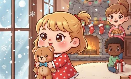 A 2-year-old girl, joyful and amazed, with round rosy cheeks, short blonde pigtails and big bright eyes, wearing a red polka-dot dress and snow-wet slippers, holds a small brown teddy bear named Mr. Snuggles (soft, plump, with a blue bow) and looks out a frosted window at large round falling snowflakes; her smiling mother (about 30, chestnut hair in a ponytail) stands near the kitchen at right holding a porcelain tray of cookies. Cozy Christmas living room with a stone fireplace, red stockings, multicolored string lights, a cream rug, warm lighting and textures contrasting with the cold blue window; main scene: the girl hugs her bear as the mother offers a cookie.