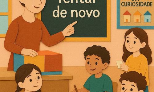 Uma professora de cerca de 30-40 anos, cabelos castanhos presos num coque desalinhado, rosto sorridente e olhar tranquilo, está de pé na frente da sala com uma mão sobre uma grande caixa colorida e a outra apontando para o quadro negro onde se lê 