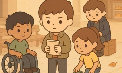 Quatro personagens: Tomás, menino de 12 anos, cabelos castanhos curtos, casaco caqui, caderno na mão, concentrado, à frente; Inês, menina de 12 anos, rabo de cavalo, camiseta amarela, sorridente e determinada, olhando para a mochila no chão à direita de Tomás; Rui, menino de 12 anos, cabelo preto, cadeira de rodas azul clara, camiseta verde, mão na roda, à esquerda de Tomás; Lucas, rapaz de ~16 anos, casaco azul escuro com botão faltando, postura envergonhada, ajoelhado/semirrecuado, segurando a mochila verde aberta, sentado numa caixa atrás dos outros. Local: pequena estação de aldeia ao fim da tarde, plataforma de pedra clara, relógio antigo ao fundo, banco de madeira gasto, quiosque com bolos, luz dourada suave e folhas de outono no chão. Situação: os três jovens confrontam Lucas que trouxe a mochila roubada; a mochila verde está no chão com folhas de receitas espalhadas e um pacote de guardanapos com estampado de limões visível; expressões de alívio, preocupação e perdão; atmosfera calma, cores em tons pastéis e sombras suaves.