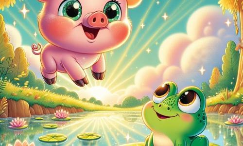 A little pig named Percy, with bright pink skin and sparkling curious eyes, joyfully floats above an enchanted pond, a big smile on his face. Next to him, a green frog named Fiona, with round shiny eyes, watches him admiringly while sitting on a lily pad, ready to cheer him on. The setting is a beautiful pond surrounded by majestic trees with golden leaves, where sunlight reflects off the crystal-clear water, creating magical glimmers. Fluffy clouds dance gently in the sky, adding a dreamy touch to the scene. The main situation shows Percy, amazed, floating in the air, discovering the beauty of the world from above, while Fiona, with an encouraging smile, reminds him to believe in himself and enjoy this magical adventure.