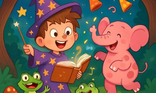 Poldo, un apprendista stregone di otto anni, ha i capelli arruffati e indossa una veste viola decorata con stelle dorate. Ha un grande sorriso meravigliato sul viso, gli occhi scintillanti di curiosità, mentre tiene un libro magico aperto davanti a sé. Accanto a lui, una piccola rana con baffi buffi, la sua fedele compagna, salta allegramente su una pietra, pronta ad aiutarlo nelle sue avventure. Il contesto è la Foresta Frullabosco, un luogo incantato dove gli alberi dai tronchi contorti sussurrano tra loro e dove funghi colorati danzano sul terreno. Stelle scintillanti illuminano il cielo notturno, creando un'atmosfera magica e gioiosa. In questa scena, Poldo ha appena lanciato un'incantesimo divertente, e cappelli dai colori vivaci volano intorno a lui, mentre un elefante rosa a pois, appena apparso, inizia a ballare in modo comico. Le risate degli altri personaggi risuonano nell'aria, aggiungendo all'atmosfera festosa e incantata di questa avventura magica.