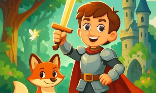 A young man, Sir Cedric, stands bravely at the center of the scene, his shining armor reflecting the sunlight. He has chestnut hair, sparkling eyes filled with determination, and a confident smile. His sword, Lumina, is raised, illuminating his face with a golden glow. Beside him, a clever fox named Ember, with bright red fur and mischievous eyes, attentively watches the path ahead, ready to assist him in his quest. In the background, an enchanted forest stretches out, with majestic trees and vibrant green leaves. Sunbeams pierce through the foliage, creating bright patterns on the ground. The scene has a magical atmosphere, with sparkling pixies flying around the branches, adding a touch of whimsy. Sir Cedric and Ember stand before an ancient castle, its towers rising majestically toward the sky. The castle, in ruins yet still impressive, is covered in ivy and wildflowers, a testament to its past grandeur. The main focus shows Sir Cedric raising his sword, ready to restore magic to the kingdom of Eldoria, while Ember encourages him with a determined look.