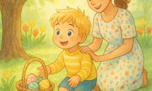 A four-year-old boy with tousled blond hair, chubby cheeks, wearing a yellow striped sweater and blue shorts, kneels by an Easter basket and reaches for colorful eggs with wide, astonished eyes and a bright smile; his mother, about 30–35, with brown hair in a ponytail and a light floral dress, stands behind him smiling and resting a hand on his right shoulder, while a spring garden of green grass, red and yellow tulips, a paved path with colorful stickers and a large rough-trunked tree where the basket sits provides dappled sunlight, soft shadows and sparkling highlights on the eggs and stickers.