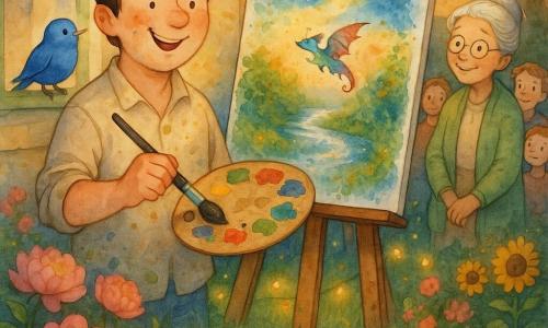 Lucas, a man in his thirties with a round face, paint spots on his cheeks and messy chestnut hair, stands proudly before a large canvas on an easel holding a stained palette and a large wet brush; a small curious blue bird perches on the windowsill at his shoulder admiring the painting; Mrs. Green, about 60 with silver hair in a bun and round glasses, stands to his right, smiling and slightly leaning with hands crossed among neighbors; the house garden at dusk has multicolored flowerbeds, green grass dotted with string lights and a wooden table with printed photos; Lucas is proudly presenting a canvas of a sparkling river and a small rainbow dragon flying, with deliberate watercolor splashes around the sky and leaves, a warm, gentle atmosphere and golden sunset light.