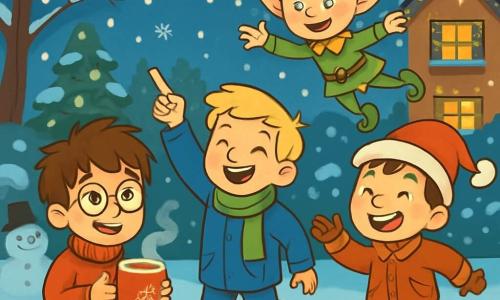 There are four characters: Max, a 10-year-old boy with messy brown hair and round glasses, wearing a red sweater with a snowflake pattern and holding a cup of hot chocolate, his eyes shining with excitement; Leo, a 9-year-old boy with blond hair and rosy cheeks, dressed in a green scarf and blue coat, smiling widely as he points to the snowy sky; Ollie, an 8-year-old boy with brown hair and freckles, wearing a red Christmas hat and a wool jacket, laughing as he jumps in the snow; and Twinkle, a mischievous elf about 30 centimeters tall, with silver hair and large pointed ears, wearing a bright green outfit with golden stars and curled-toe shoes, joyfully floating above the boys. The setting is a snowy garden filled with gently falling snowflakes, twinkling lights decorating the trees, and smiling snowmen scattered around. In the background, a warmly lit house can be seen, adorned with Christmas garlands on the windows. The main scene shows the boys and Twinkle having fun in the snow, organizing a joyful race with playful reindeer, while laughter and snowflakes swirl around them.