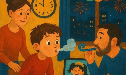 An 8-year-old boy with a round freckled face and messy brown hair presses his nose to a slightly fogged window, blowing a small cloud, one hand on a table with a fallen marker; a ~35-year-old woman with chestnut hair in a bun smiles, tapping a small silver box on the table near a sideboard; a ~37-year-old bearded man crouches to the boy’s level, making a funny face while holding a blue party horn; an ~8-year-old girl appears via video on a computer screen beside a bowl of grapes, black pigtails, laughing and clutching a glitter crown; the cozy, colorful living room has multicolored paper garlands, a red-and-yellow paper chain, striped cushions on a mustard sofa, a round wall clock nearing midnight, and a city view with distant fireworks; the intimate New Year’s Eve scene is rendered with visible gouache textures, thick brushstrokes, warm ochres, reds and deep blues, and small sparkles on confetti, centered on the boy at the window and the silver box as focal points.