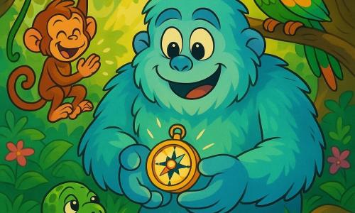 A large soft smiling blue yeti with turquoise fluffy fur, big bright eyes and rounded hands holds the Great Compass of Kindness gleaming like a tiny star while friends gather: Momo, an energetic red-haired monkey with mischievous eyes, swings on a vine to the left clapping joyfully; Polly, a wise parrot with bright green, red and yellow plumage, perches on a branch above, tilting her head encouragingly; Tilly, an elderly turtle with an emerald-and-silver textured shell, emerges from a sparkling stream in the foreground smiling gently; the scene is a magical jungle clearing with dense emerald foliage, knotted roots, pink and purple glowing flowers and golden sunbeams through the canopy, warm atmosphere, saturated colors, soft outlines, 90s cartoon style, centered composition and clear readable expressions for children