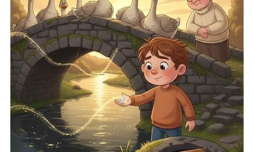A 10-year-old boy with a round, freckled face, messy chestnut hair and bright eyes, expression both brave and moved, holds a small glowing marble like a firefly in his palm; in the background a grandmother of about 70 with gray hair in a loose bun and a cream wool sweater watches from the riverbank with a tender, proud look; a group of large, slightly comical geese block the path, their leader's head raised and plumage textured, wary but curious; the setting is a broken old stone bridge over a winding river with mossy stones and dark water catching golden reflections where the marble's light spreads in ribbons; in the foreground a lifted bridge stone reveals a small damp cavity containing a wooden box engraved with a laughing fox; the boy is about to drop the marble into the river while the geese form a dramatic barrier and the grandmother watches, the scene magical and affectionate in warm sunset colors with soft cel-shading contrasts.