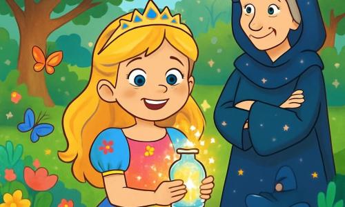 A princess named Aurora, about 10 years old, stands in the center of a vibrant royal garden, her eyes sparkling with joy. She wears a colorful rain fabric dress adorned with flower and butterfly patterns, and a shimmering tiara on her golden hair. Aurora smiles in wonder, holding a small glowing bottle in her hands. Beside her, a kind witch, around 60 years old, dressed in a dark robe decorated with shining stars, observes her with a wise and warm gaze. The garden is a magical place filled with brightly colored flowers, tall trees with shimmering leaves, and colorful butterflies flying around them. In the distance, a path of sparkling stones leads to an enchanted forest where the trees seem to whisper secrets. The main scene shows Aurora telling a story, surrounded by a radiant light emanating from the bottle, while twinkling stars dance around her, creating an atmosphere of magic and joy.