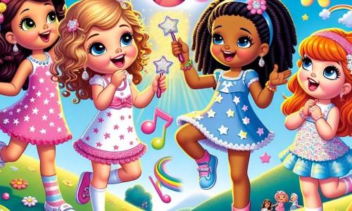 Four cheerful and lively four-year-old girls stand at the center of the image. **Lily** has curly brown hair, wearing a pink dress with stars, and is waving a sparkling magic wand. **Bella** has long braided blonde hair, dressed in a blue polka-dotted dress, and looks at the wand with wide curious eyes. **Daisy** has red hair in a bun and wears a green dress with flowers; she jumps for joy holding a singing sandwich. **Rosie** has smooth black hair and a purple dress; she laughs while trying to catch bouncing jellybeans around her. The setting is a sunny hill called Sparkle Hill, covered with giant colorful jellybeans shining in the sun. Fluffy clouds float in a light blue sky, and a large smiling face-shaped cloud, the Cloud King, leans down towards the girls with a friendly expression. The main scene shows the four friends having fun, surrounded by dancing jellybeans and a singing sandwich, while the Cloud King watches them laugh, creating a joyful and magical atmosphere.