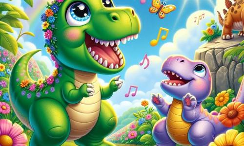 Um Tyrannossauro Rex chamado Tico, com uma pele verde brilhante e olhos cheios de curiosidade, dança alegremente no meio de um jardim mágico, com um grande sorriso no rosto. Ao seu lado, uma pequena brontossauro chamada Lili, com pele azul pastel e grandes olhos suaves, o encoraja levantando suas patas dianteiras, enquanto um estegossauro chamado Zé, com suas placas dorsais coloridas, os observa rindo, sentado em uma pedra. O jardim está cheio de flores multicoloridas que dançam e cantam sob um céu ensolarado com nuvens fofas. A cena mostra Tico e seus amigos se divertindo juntos, cercados pela beleza da natureza, celebrando sua amizade em um momento de alegria e magia.