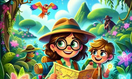 Uma jovem chamada Sofia, com cabelos castanhos e óculos redondos, sorri maravilhada enquanto segura um mapa antigo nas mãos. Ela usa um chapéu de exploradora e uma mochila colorida cheia de ferramentas científicas. Ao seu lado, um menino chamado Kiko, com cerca de 10 anos, tem cabelos loiros bagunçados e um grande sorriso. Ele aponta para uma planta luminosa que cresce perto deles. A cena acontece em uma ilha mágica, com árvores de flores vibrantes, pássaros de penas cintilantes voando em um céu azul claro e uma leve neblina flutuando sobre o chão. Ao longe, vêem-se montanhas verdes e rochas de formas estranhas. Sofia e Kiko exploram a floresta encantada, fascinados pelas maravilhas ao seu redor, enquanto um homem misterioso, o Doutor Malvado, se esconde atrás de uma árvore, observando suas descobertas com um olhar sorrateiro.