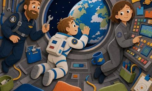 Um homem, Tomás, astronauta de rosto redondo e sorridente, olhos maravilhados, veste um traje branco com faixas azuis e encosta a mão e a testa numa grande janela circular para admirar a Terra; uma mulher cientista de cerca de 30 anos, cabelos curtos castanhos e roupa cinza, flutua à direita junto a um painel luminoso verificando botões com calma e um leve sorriso; um homem piloto de cerca de 40 anos, barbuado e de traje escuro, está preso por um cordão no teto à esquerda, segura uma pequena chave flutuante e observa Tomás com orgulho; interior de cabine espacial redonda com paredes cinzentas texturadas, almofadas coloridas, cordões e ferramentas pendurados e luzes LED azuis e douradas; cena calorosa e silenciosa em que Tomás contempla a pequena e bela Terra brilhante pela grande janela enquanto a equipe flutua e trabalha em harmonia.