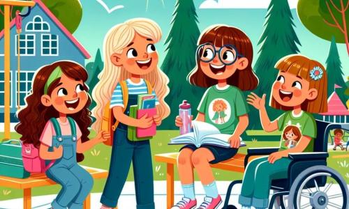 Em um pátio ensolarado da escola, quatro meninas estão reunidas. Sofia, uma menina de 9 anos com cabelos longos e castanhos, usa uma mochila colorida e sorri alegremente. Ao lado dela, Lara, uma menina de 9 anos com cabelos cacheados e loiros, ri enquanto segura uma garrafa de água. Mariana, uma menina de 9 anos com óculos e cabelos lisos, está sentada em um banco, folheando um livro. Por fim, Júlia, uma menina de 9 anos em cadeira de rodas, tem cabelos castanhos e usa uma camiseta com seu personagem favorito, sorrindo enquanto ouve suas amigas. O pátio da escola é cercado por grandes árvores com folhas verdes, com brinquedos coloridos como balanços e um escorregador. O sol brilha em um céu azul claro, criando uma atmosfera alegre e acolhedora. As quatro meninas discutem entusiasticamente sobre seu primeiro dia de escola, compartilhando experiências e rindo juntas, prontas para viver novas aventuras.