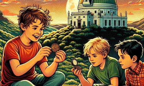 Três meninos, Lucas, Miguel e Tomás, estão no centro da imagem. Lucas, de 10 anos, tem cabelo castanho bagunçado e usa uma camiseta vermelha com jeans. Ele sorri, segurando uma moeda antiga. À sua direita, Miguel, também de 10 anos, tem cabelo loiro e usa um boné azul com uma camiseta verde. Ele olha para uma pequena bússola com olhos admirados. À esquerda, Tomás, o mais sério do grupo, tem cabelo negro e usa uma camisa xadrez. Ele folheia um jornal de couro, com o rosto concentrado. Ao fundo, vê-se o famoso Observatório Griffith, com seu domo branco brilhando sob o sol poente, cercado por colinas verdes. O céu é tingido de tons de laranja e rosa, criando uma atmosfera mágica. Os meninos, guiados por um homem misterioso de chapéu, exploram a cidade, descobrindo tesouros escondidos e histórias fascinantes. Eles estão em uma aventura, prontos para viver momentos inesquecíveis nesta cidade cheia de surpresas.