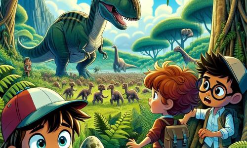In una foresta preistorica lussureggiante, Marco, un ragazzo di 11 anni con capelli castani e occhi scintillanti di eccitazione, si trova al centro, tenendo un grande uovo di dinosauro sotto il braccio. Alla sua destra, Luisa, una ragazza di 11 anni con capelli rossi e ricci, osserva attentamente un gruppo di piccoli dinosauri con uno sguardo curioso. A sinistra, Tommaso, un ragazzo di 11 anni con occhiali e capelli castani, indica un enorme diplodoco che si muove lentamente sullo sfondo. La foresta è densa, piena di felci giganti e alberi con tronchi massicci, mentre i suoni di creature preistoriche risuonano intorno a loro. Il cielo è di un blu brillante, punteggiato di nuvole bianche e soffici, creando un'atmosfera magica e misteriosa. La scena principale mostra Marco, Luisa e Tommaso in azione, mentre cercano di recuperare l'uovo di dinosauro rubato da un cacciatore del futuro, evitando gli sguardi dei dinosauri che li circondano.