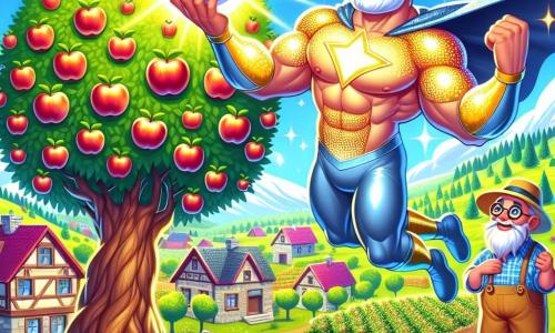 Een superheld genaamd Bliksemman, een gespierde man met een glanzende cape en sprankelende ogen, laat een appelboom stralen met zijn lichtkrachten. Hij heeft een grote glimlach, die zijn vastberadenheid en vreugde om anderen te helpen toont. Naast hem kijkt een oudere man, de boer van ongeveer 60 jaar, met een witte baard en een strohoed, verwonderd naar de appels die beginnen te stralen en te groeien aan de boom, terwijl hij zijn dankbaarheid uitdrukt. De achtergrond is een charmant dorp met kleurrijke huizen, omringd door groen en stralende bloemen, onder een heldere blauwe lucht met donzige witte wolken. De hoofdscène toont Bliksemman die zijn magische licht gebruikt om de appels van een verdorde boom nieuw leven in te blazen, terwijl de boer, vol hoop, het spektakel met wijdopen ogen bewondert.