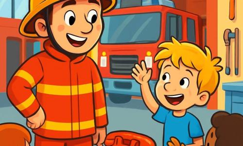 Een brandweerman, genaamd Bram, staat met een grote glimlach op zijn blije gezicht, gekleed in een glanzend rode overall en een schitterende helm. Zijn ogen stralen van opwinding terwijl hij naar een groep kinderen kijkt. Naast hem steekt een 8-jarige jongen, Finn, met rommelig blond haar en een blauwe t-shirt, enthousiast zijn hand op, benieuwd naar de wereld van brandweermannen. De scène speelt zich af in een lichte en uitnodigende brandweerkazerne met rode muren, glanzende brandweerwagens op de achtergrond en zorgvuldig opgeborgen reddingsgereedschap. Bram legt gepassioneerd zijn werk uit aan de kinderen, terwijl een rode telefoon op de tafel trilt, klaar om te rinkelen voor een nieuw avontuur.